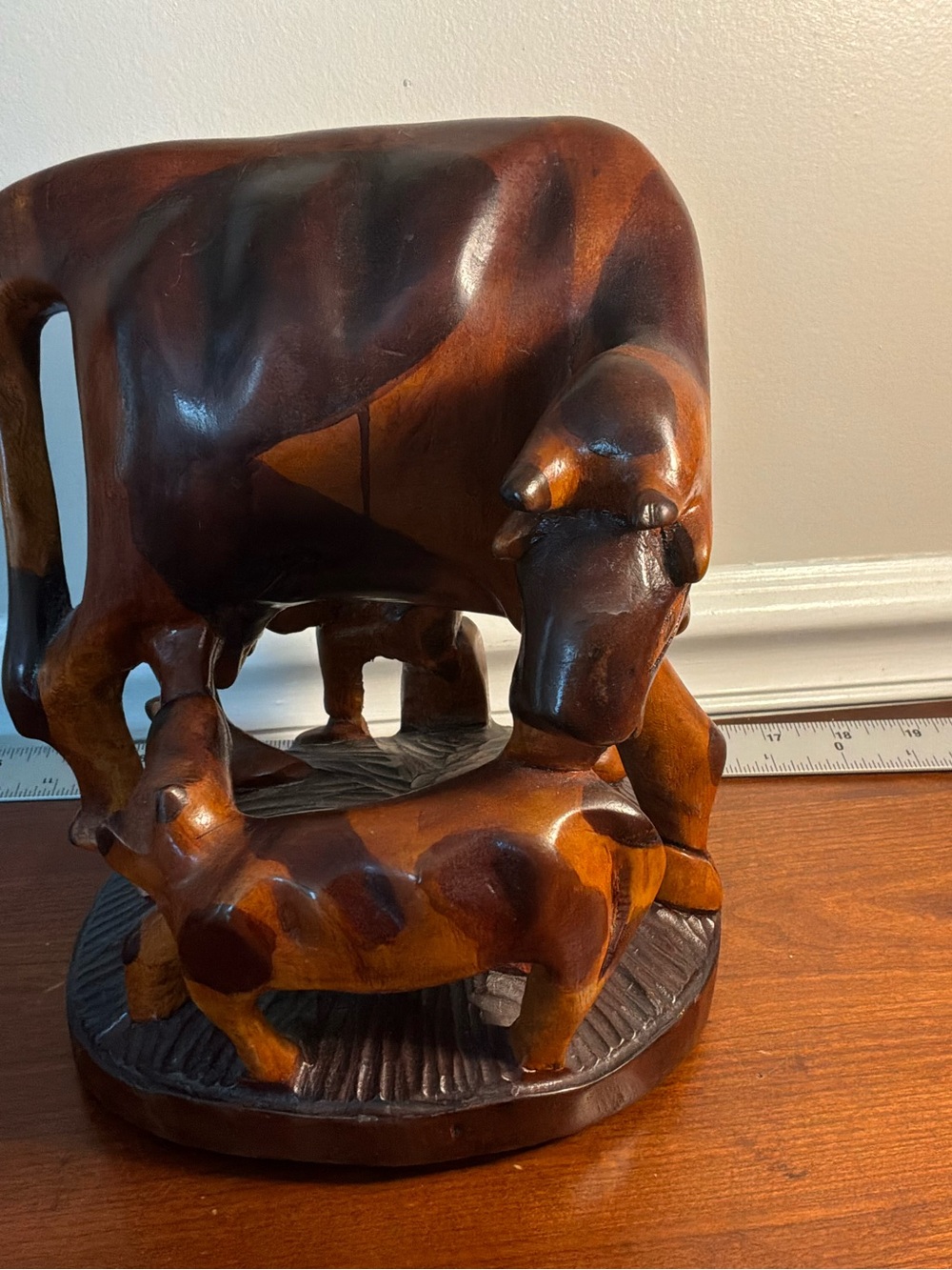 Vintage of Rosewood Hand-Carved Cow and Calf,FarmerSculpture in Warm Brown Tones